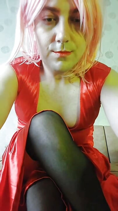 Red Dressed Sexy Cute Young Femboy With Pretty Boobs