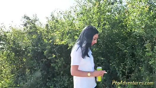 Sexy Brunette Trying Hard to Empty Her Bladder Outside, Then Quick Pee Next to a House in Construction