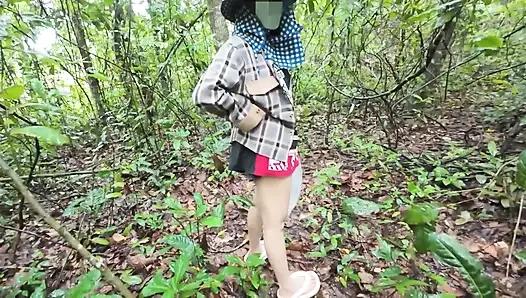 Thai girl walks and brags about picking mushrooms anyway, peeing in the forest Thai Voice