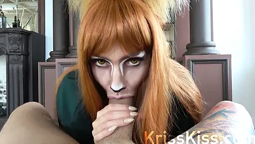 Cosplay horny fox sucking huge cock, cum in mouth, 4K