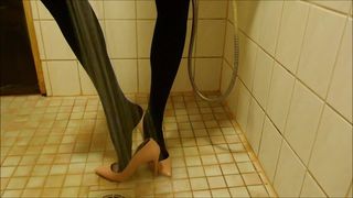 Showering in pink stiletto high heels and nylons