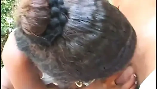 Slut gets jizzed on after sucking guy's cock outside and getting twat banged