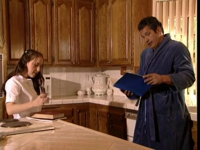 Slutty schoolgirl stops her studying and fucks older dude in the kitchen