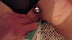 Tied plug in ass and masturbated with electrical tooth brush