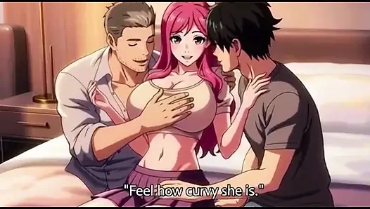 Two boy and one girl threesome in hotel room