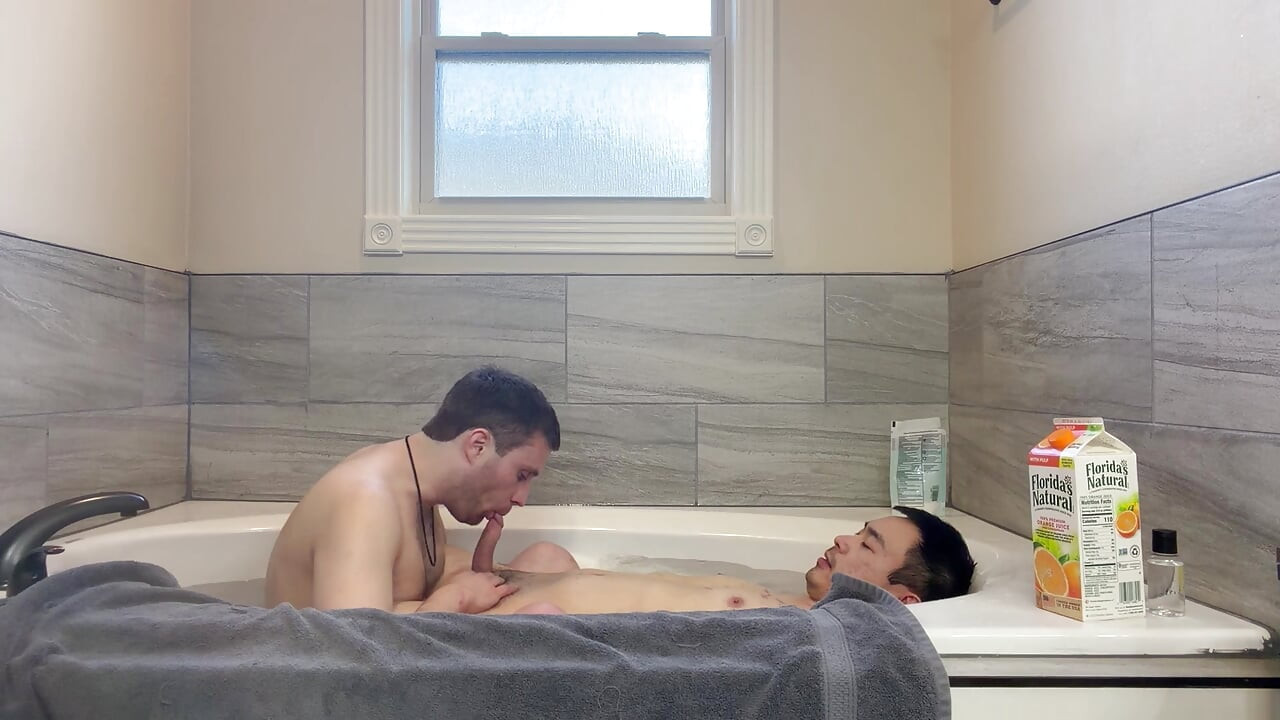 Cum buddies enjoying huge tub suck and fuck ass licking hot session