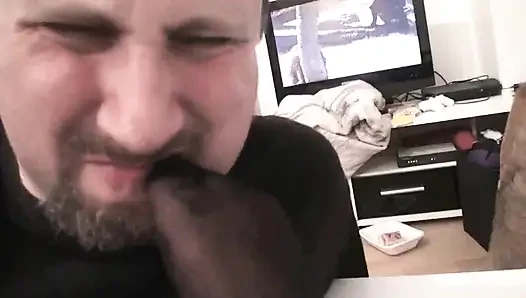 Feet in pantyhose stuffed in slave's mouth