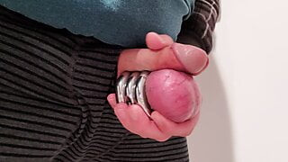 Balls weight stretching and jerking-off