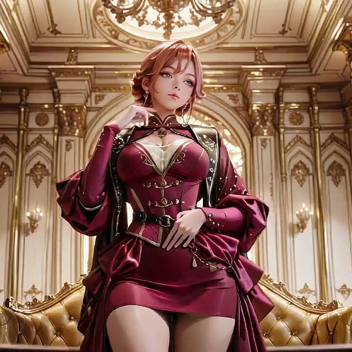 Red Queen on the Golden Throne! Deep Velvet Gown, Lazy Chin Rest, and a Gaze That Locks Onto You. Is She a Ruler or Prey?