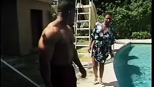 Horny black MILF gets on her knees and sucks the pool boy then fucks