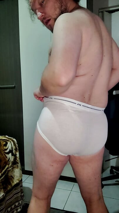 Vintage Fruit of the Loom white briefs show off, jerk off and cum