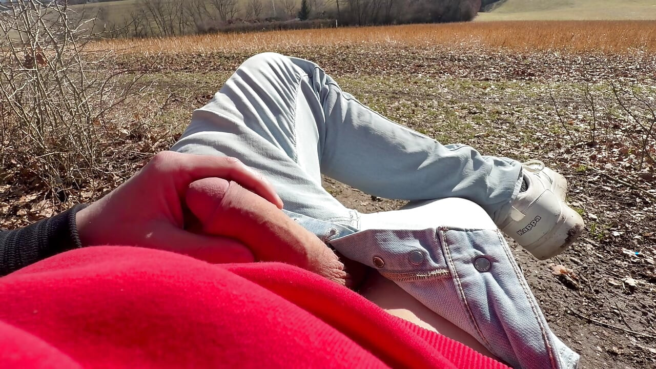 Jacking hard beautiful dick with view and cumming in the sun