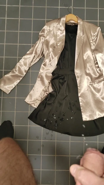 Cum on wifes golden satin blazer and satin dress