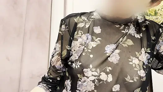 Trying my new sheer blouse in a caffe, showing my hard pierced nipples in public.