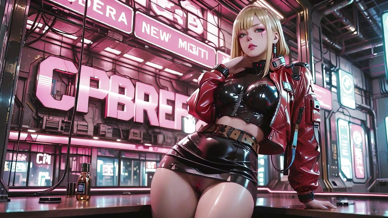 Cyber Queen's Wet Fantasy! Red leather jacket glistening under neon rain, kneeling pose that breaks the armor