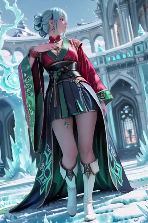 Ice Throne! Silver-haired Mage in Red-green Gown Kneeling, Blue-haired Partner Teasing in Realm!