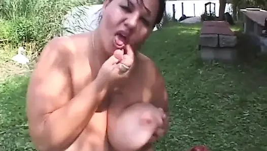 Giant lesbians pussy licking pussy fingering in the garden