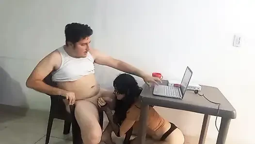 Colombian stepbrother studies on laptop while Venezuelan stepsister sucks his cock, scoops out his milk and swallows it