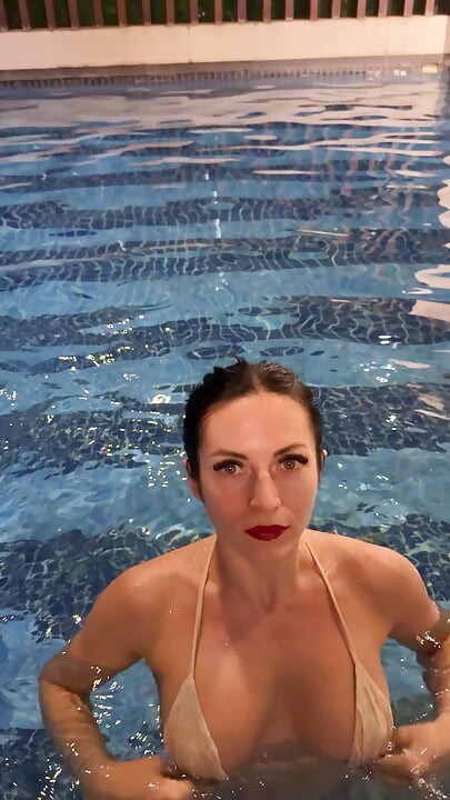 Ahegao Spit on Boobs in Public Pool Bikini