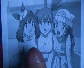 Three anime girls cum on pokemon bitch