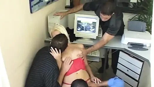 Three bi guys fuck each other and one gorgeous blonde blowjob slut