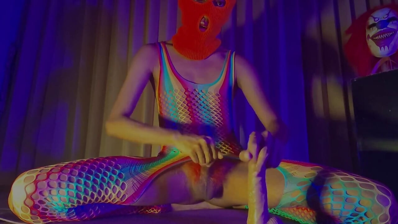 Orange Balaclava Mask Sissy Trans Dyed Pubic Hair Fuck Myself with Dildo