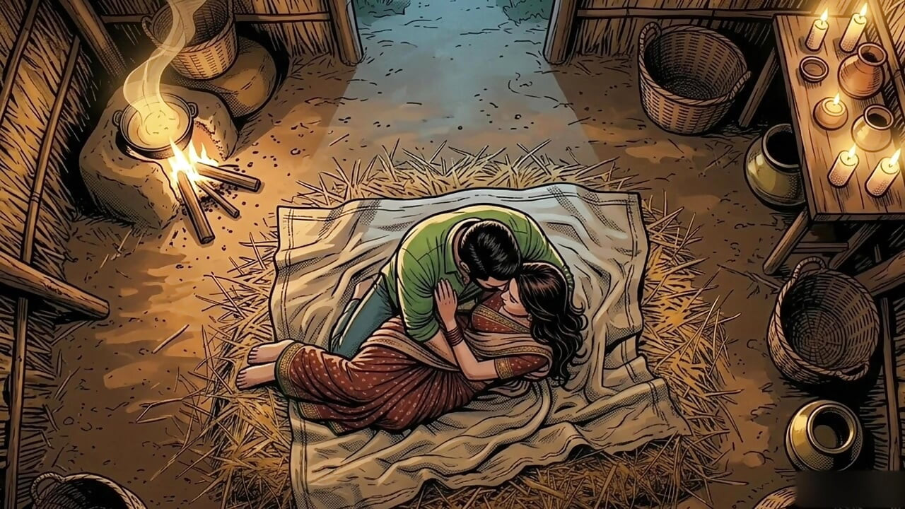Raju and Seema started making a hut in the jungle and started having sex.