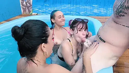 3 naughty friends paying the pool owner on the xerecard