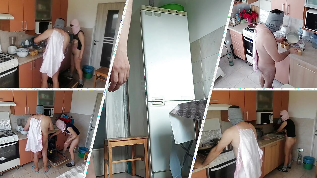 Amateur couple having fun in the kitchen. A sexy hairy brunette does the housework naked.