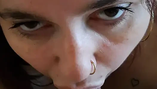 She  looks at me straight in the eyes while sucking my big cock balls deep in a POV close-up