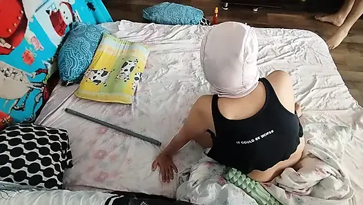 Sensual massage of a hot amateur couple with oil on the body.
