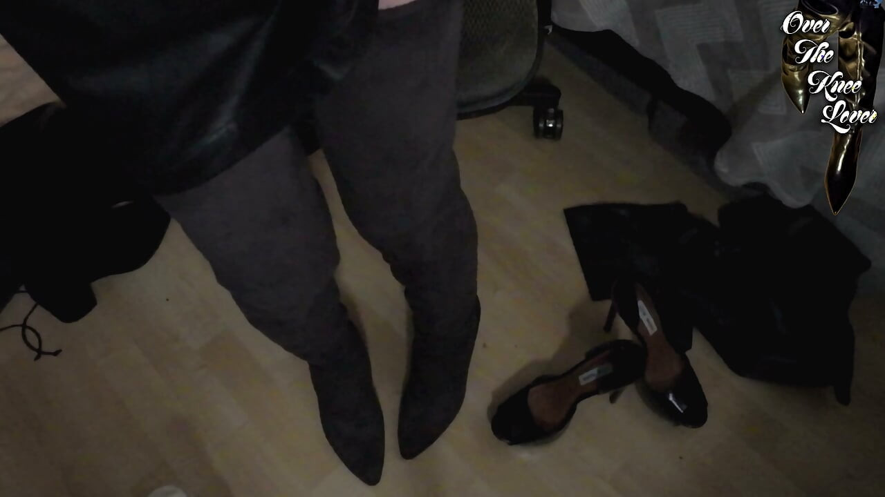 crossdresser autoblows in a leather dress and suede thigh high boots