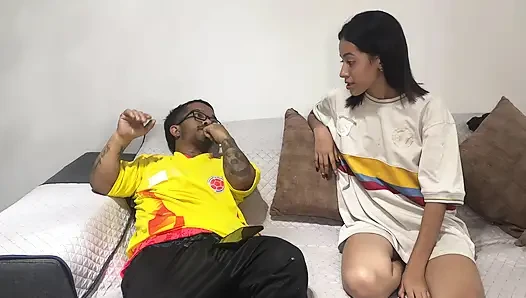 My best friend crying with jealousy while I fucked his horny girlfriend hard after losing the bet on the Colombia - Portugal match.