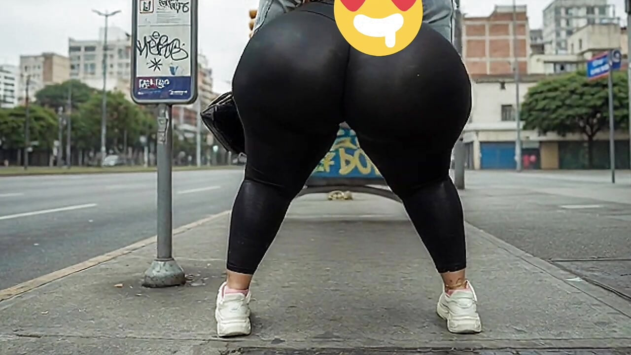 "Masked BBW Changes from Black Leggings to Tiny Thong at Public Bus Stop"