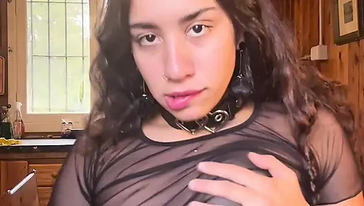 Horny Latina in sheer top - soft BDSM self spanking