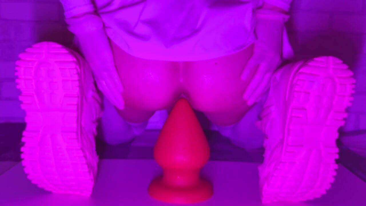 Sissy Girl In Short Skirt Bounces On a Huge 12-centimeter Thick Anal Plug