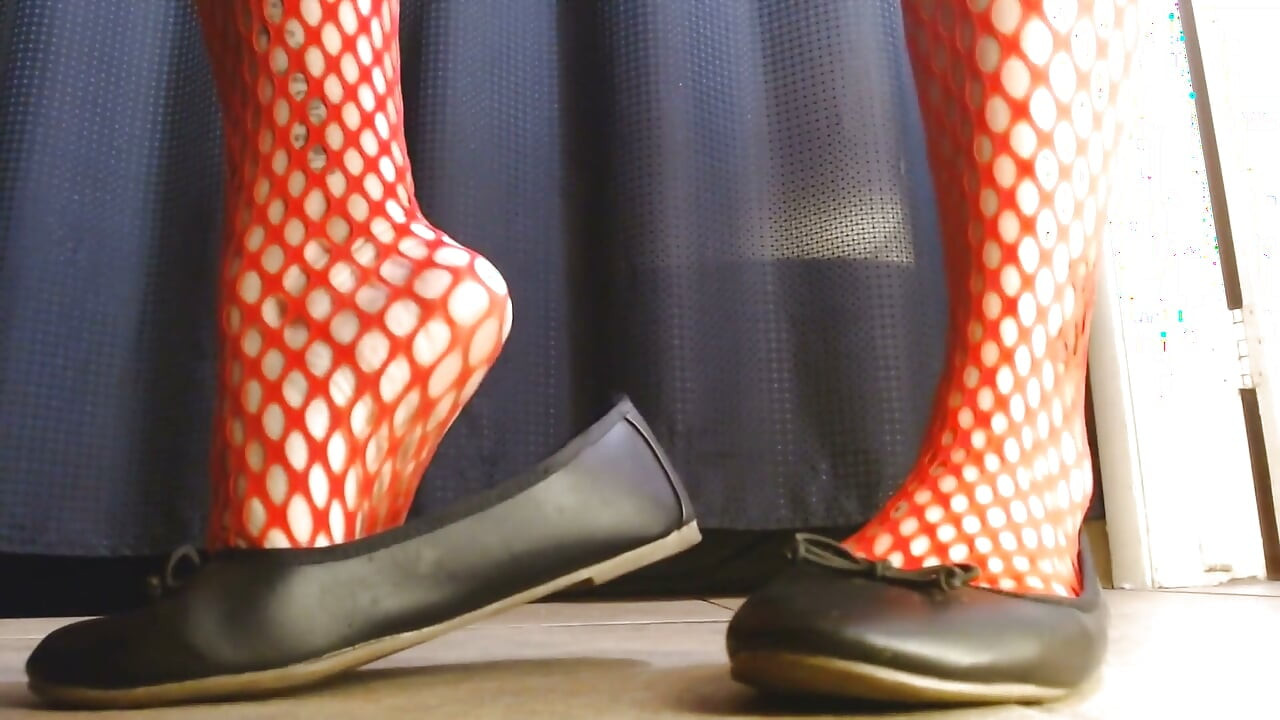 Red Fishnets Ballet Flats Shoeplay Dipping Toe Wiggling