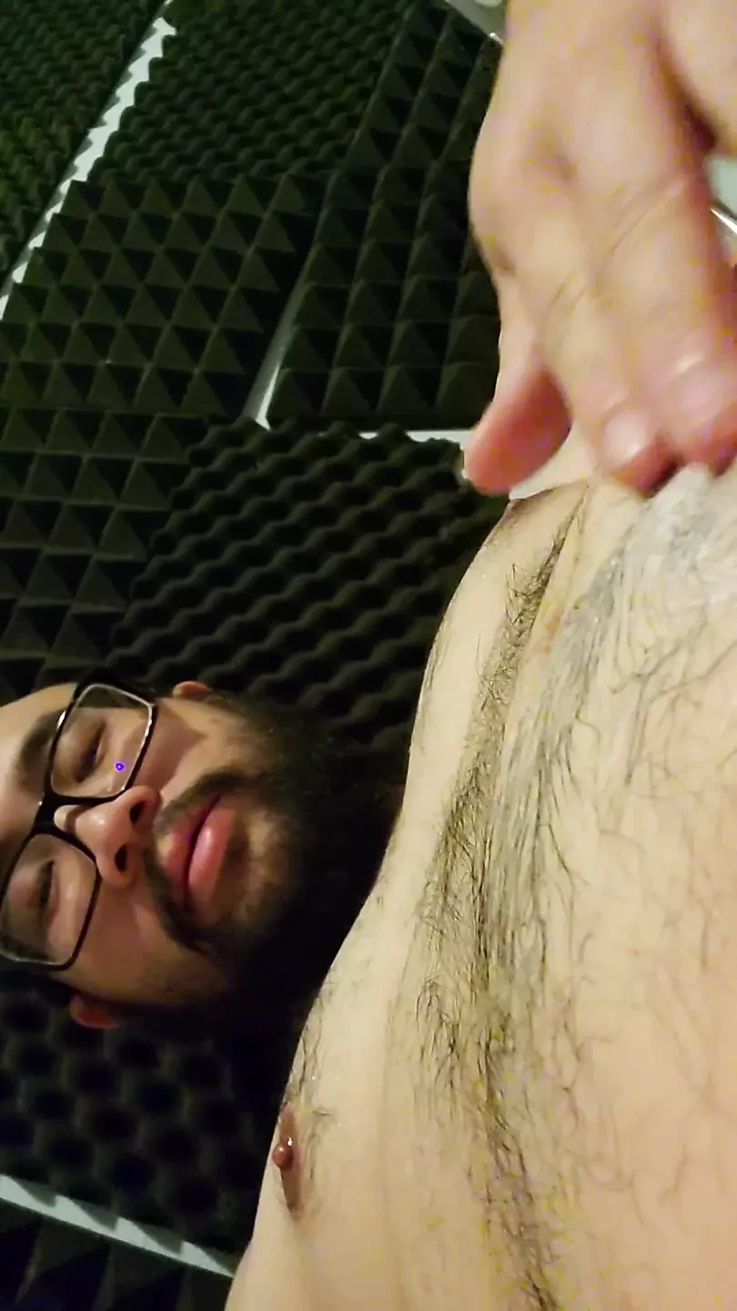 Bear jerking with cumshot and rubbing cum on stomach