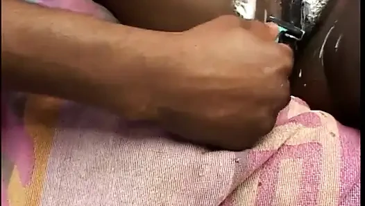 Nice tits black slut sucks and fucks a black dick on couch after pussy shave