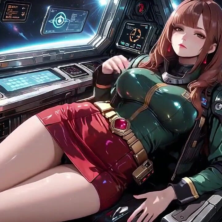 Redhead Commander in Green Sci-fi Uniform! Lazy, Teasing Vibes While Playing with Candlelight on the Spaceship Bridge.