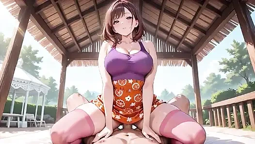 Hentai-schönheit mit dicken titten hüpft leidenschaftlich auf der tropischen Veranda - tropfnass!