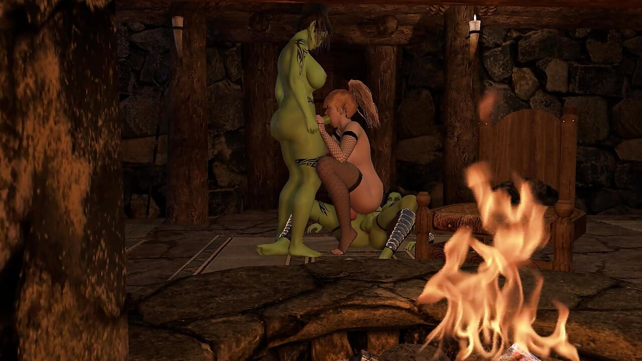 Dos chicas orc dickgirls doble penetración sexo anal con un ladyboy elfo