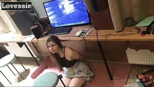 Submissive MILF sweetly sucks a big cock under the table while her master plays World of Warcraft - Lovessie