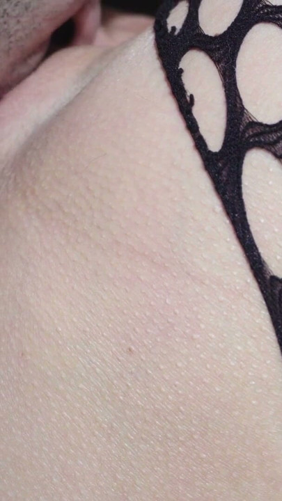 I'm wearing my fishnet stockings and he can't resist he has to lick my shaved pussy until I cum...I get too wet | Clip 1