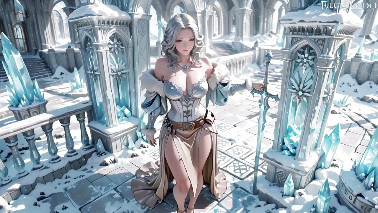 Silver-Haired Ice Queen! Kneeling in the Frozen Castle, her cold armor hides so many secrets. Hand on chest, biting lips...