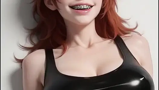 Redhead skinny girl masturbates, leather bra and red thong