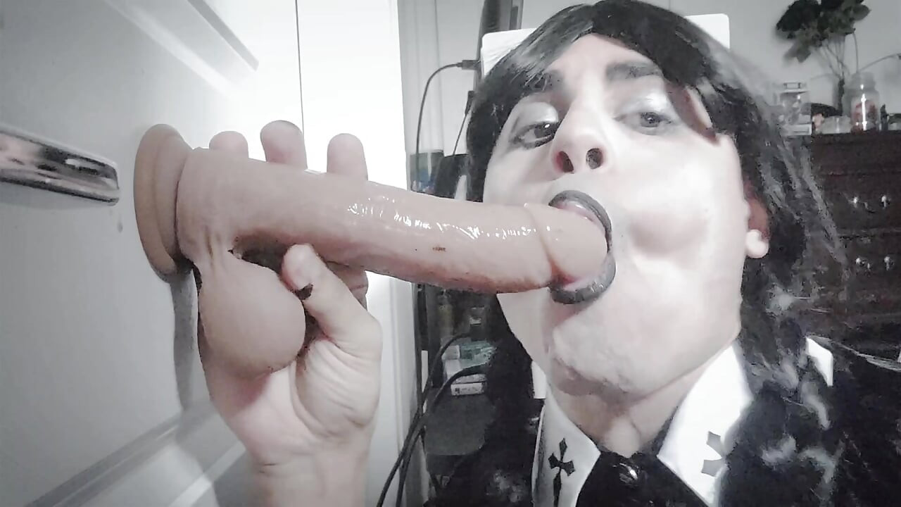 Femboy Cosplay Wednesday Addams Sucking Dildo