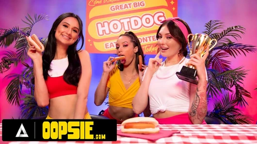 OOPSIE - Eating Contest Turns LESBIAN STRAP-ON THREESOME! Eliza Ibarra, Alexis Tae, Charlotte Sins