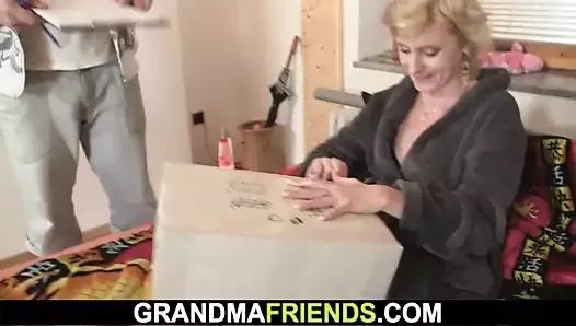 Delivery guys share small-titted blonde woman