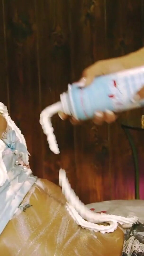Pouring whipped cream on her belly and her big juicy lesbian boobies | Clip 1